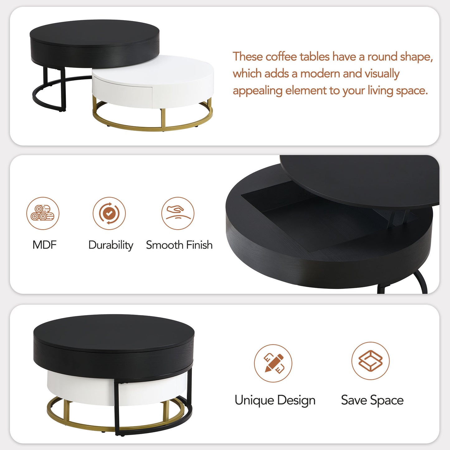 Modern Round Lift-top Nesting Coffee Tables with 2 Drawers White & Black