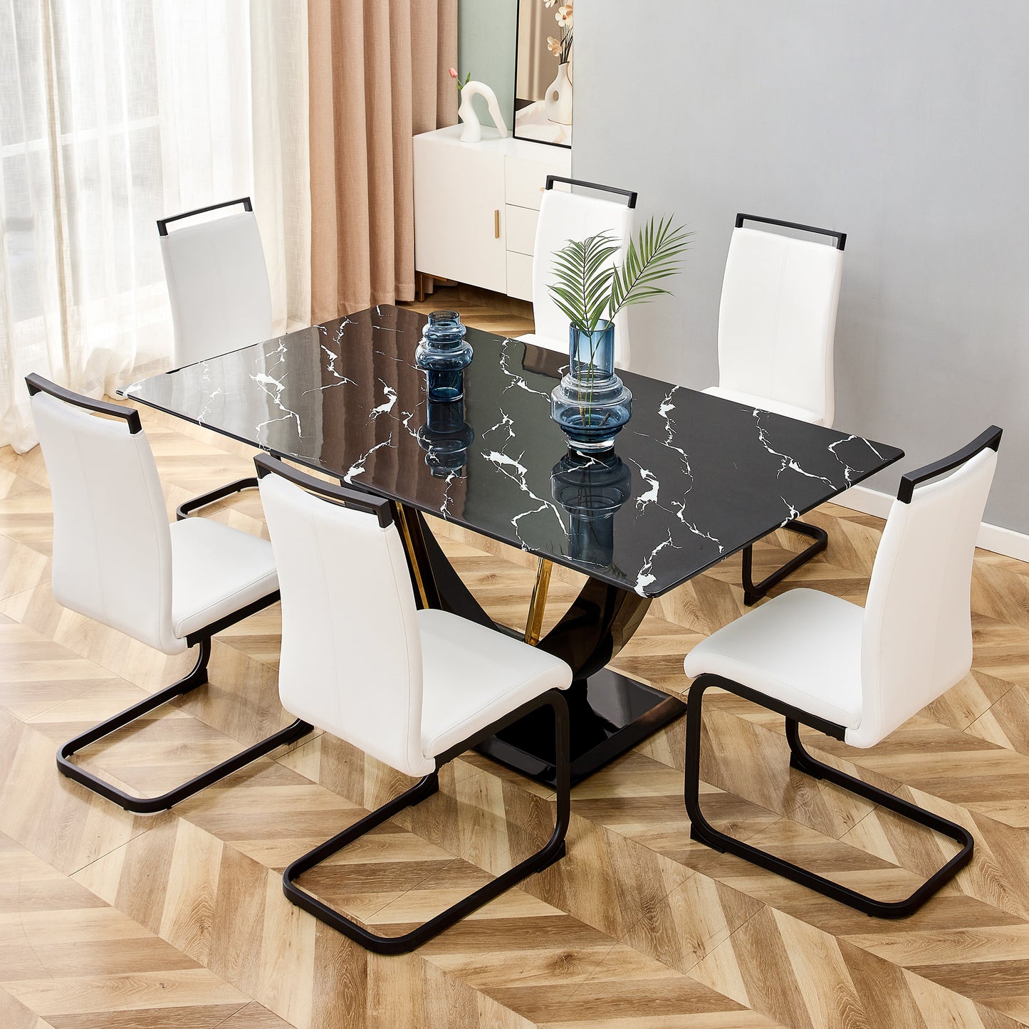 Stylish Rectangular Dining Table with Luxurious Black Imitation Marble Texture - Versatile Desk for Home