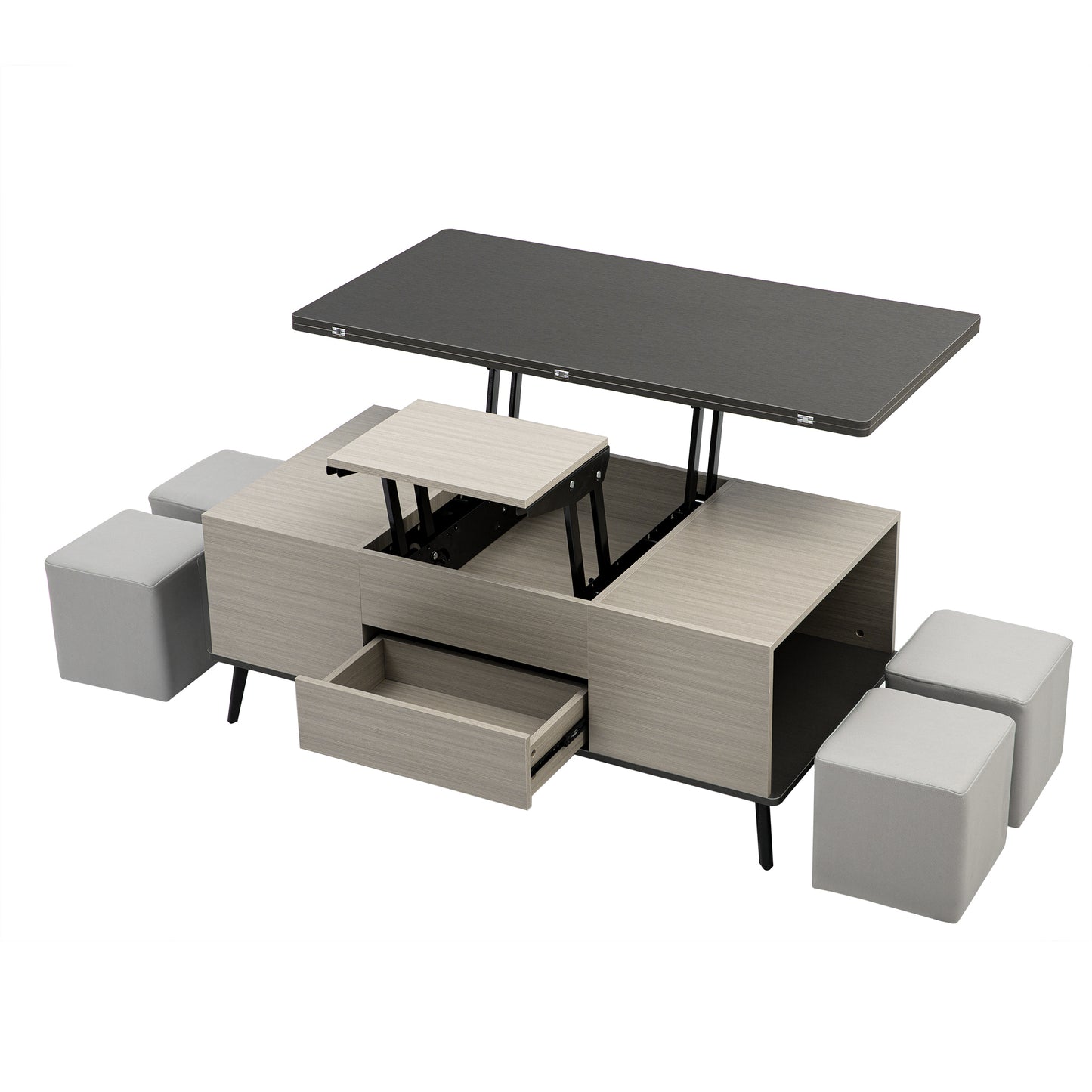 5 Pieces Lift Top Coffee Table Set with Storage Convertible Dining Table with Ottomans