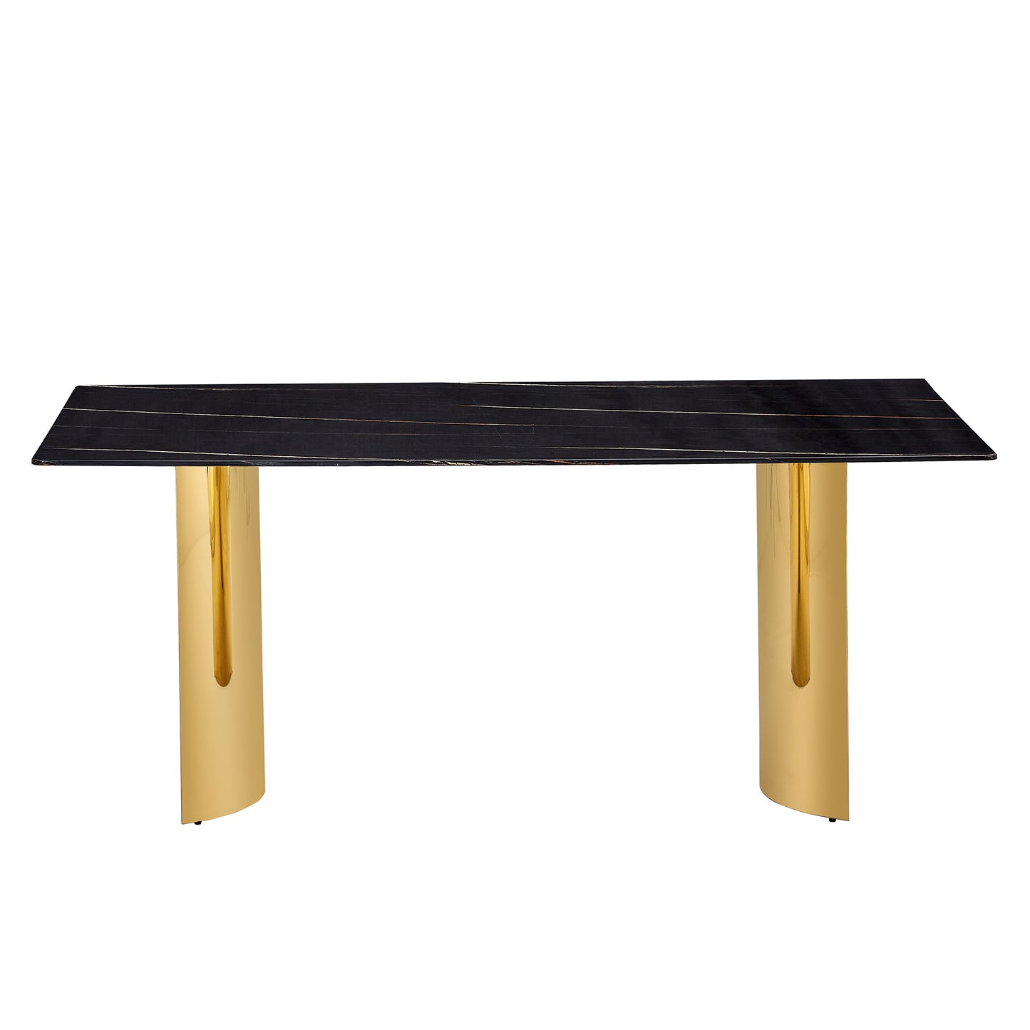 Modern minimalist dining table. The black patterned glass desktop is equipped with golden metal legs. Suitable for restaurants and living rooms  71" *39.3" *29.5"  DT-69