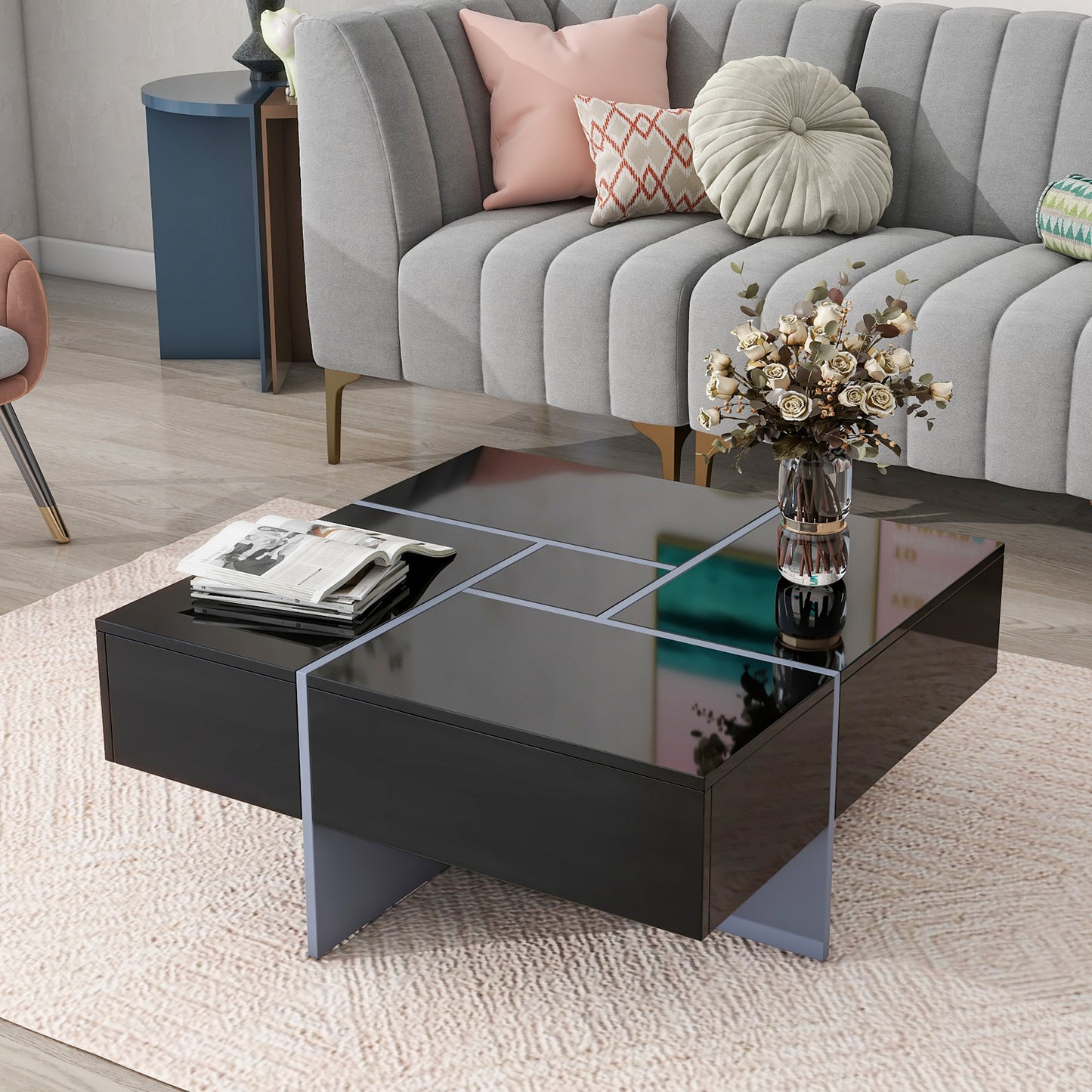 ON-TREND Unique Design Coffee Table with 4 Hidden Storage Compartments, Square Cocktail Table with Extendable Sliding Tabletop, UV High-gloss Design Center Table for Living Room, 31.5"x 31.5"