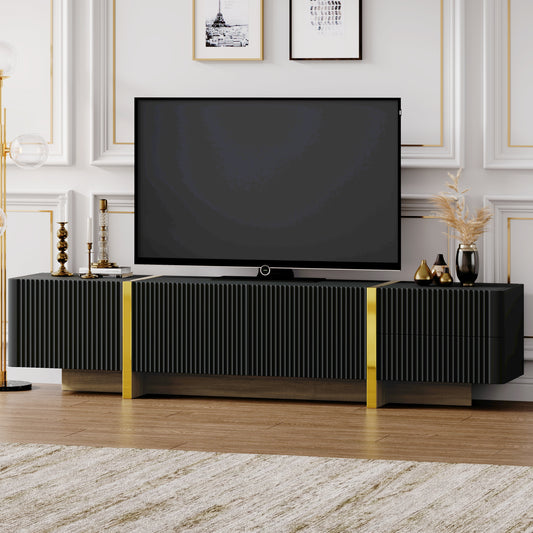 ON-TREND Luxury Fluted TV Stand for TVs Up to 80'', Modern Entertainment Center with Storage Cabinets & Drawers, Smooth Media Console with Golden Wood Grain Legs for Living Room, Black