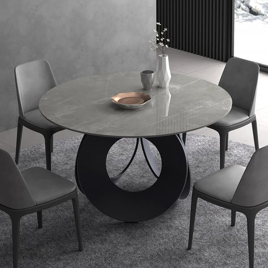 51" Round Gray Dining Table with Stone Top & Carbon Steel Base