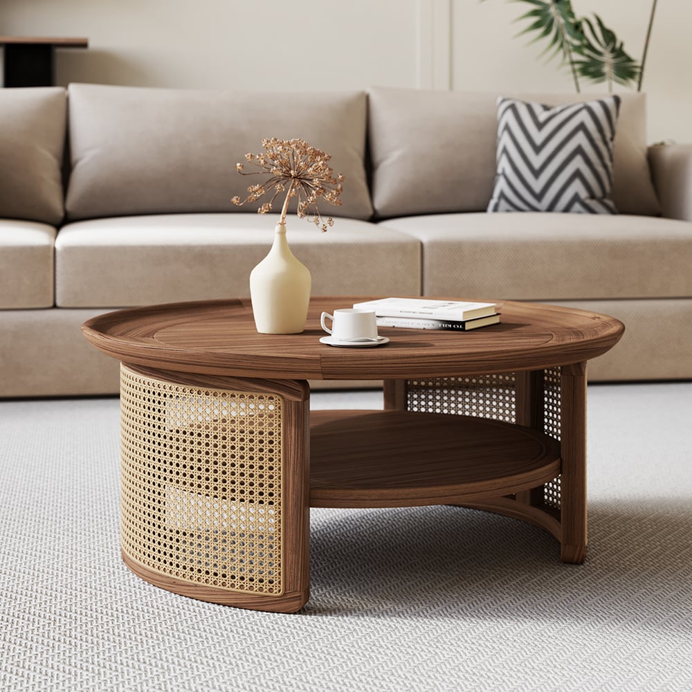 2-Tiered Japandi Round Walnut Wood Coffee Table with Storage Rattan Base