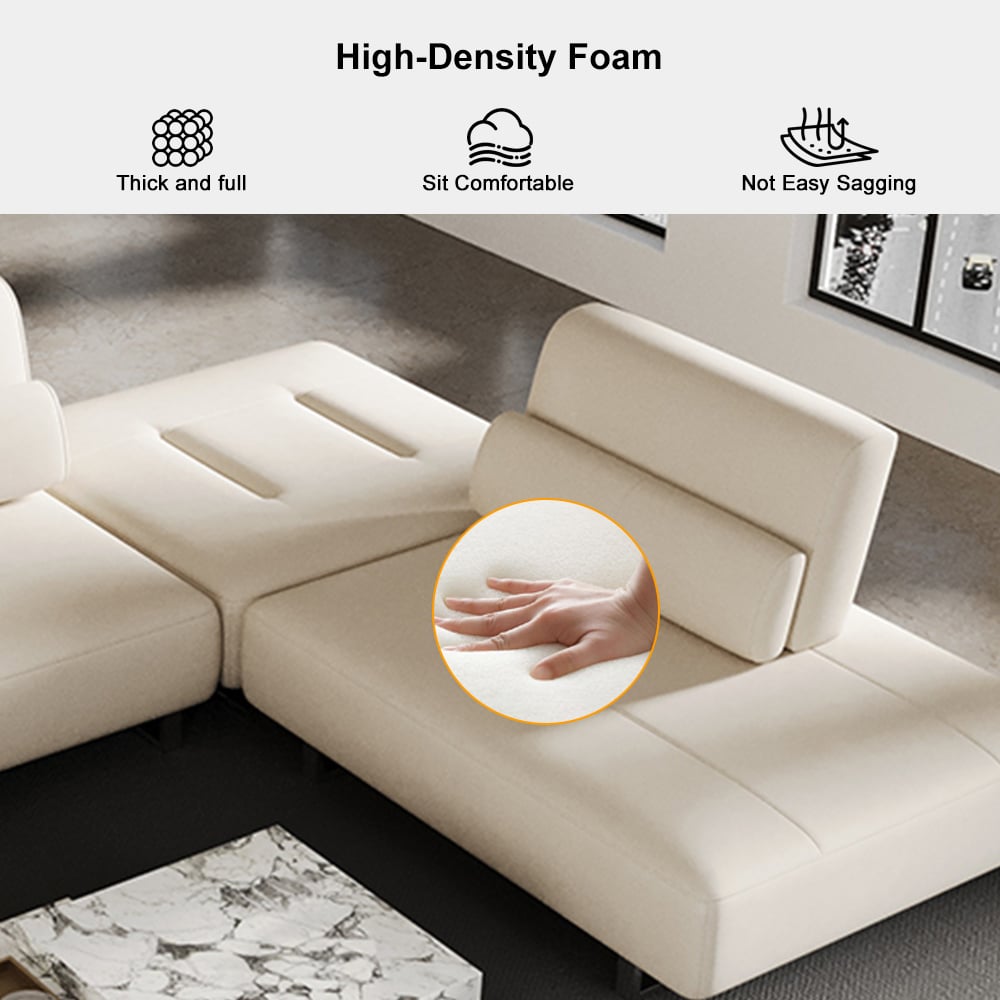 134.6" White Leather Lounge Deep Seat Sectional Sofa with Adjustable Armrest & Backrest