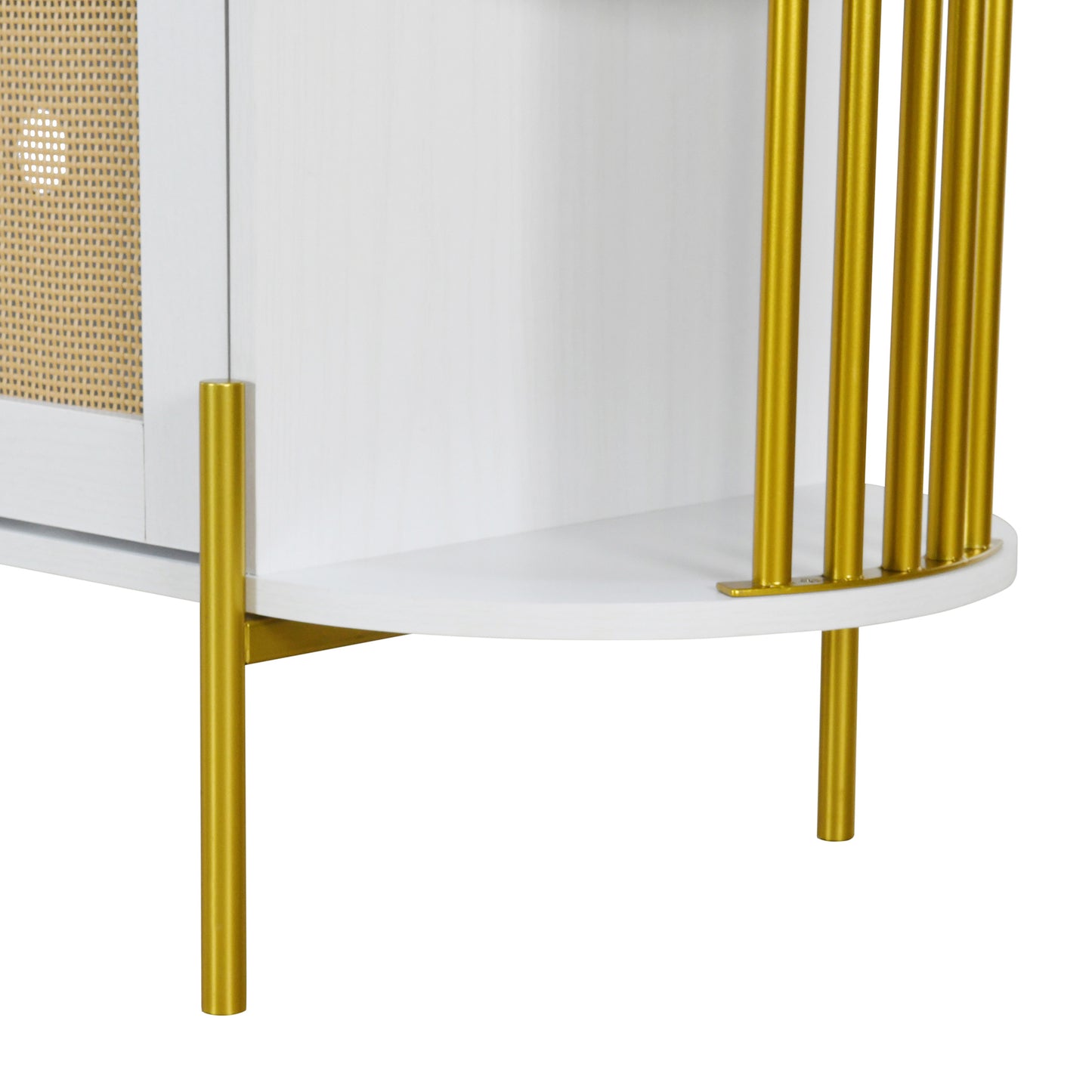 TREXM 2-Door Elegant Curved Dining Cabinet with Gold Trim and Woven Rattan Doors for Dining Room (White)