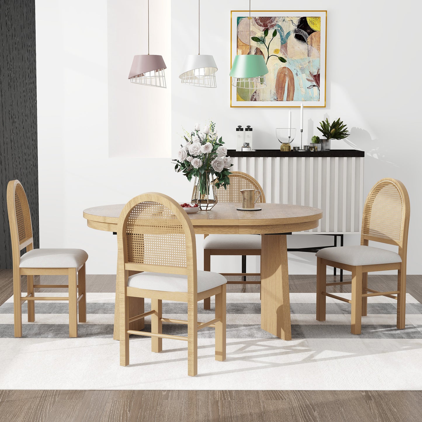 TREXM 5-Piece Retro Functional Dining Set with 1 Extendable Dining Table and 4 Upholstered Chairs with Rattan Backrests for Dining Room and Kitchen (Natural Wood Wash)