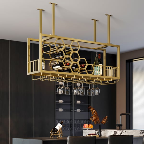 38'' Metal Hanging Wine Rack Golden Bar Shelf Floating Wine Glass Holder