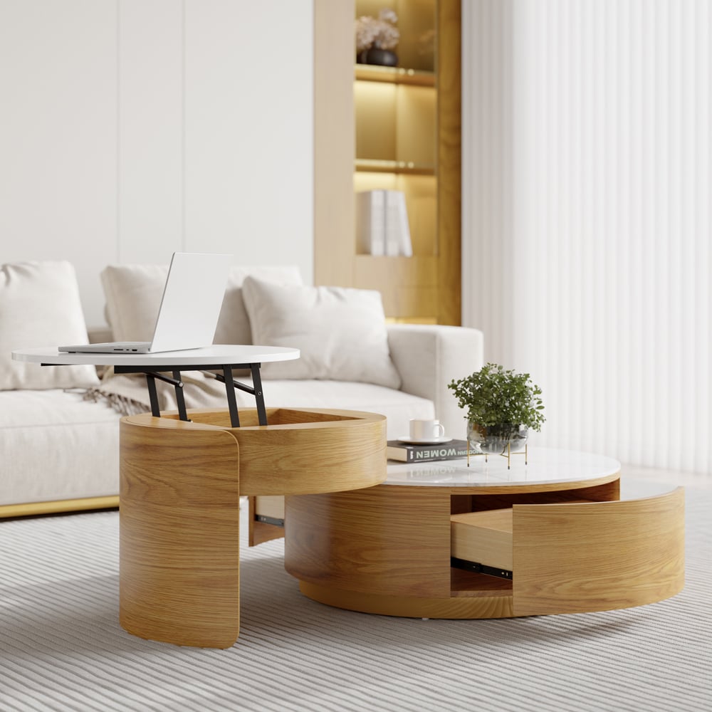 Modern Round Coffee Table with Storage Lift-Top Wood & Stone Coffee Table with 2 Drawers