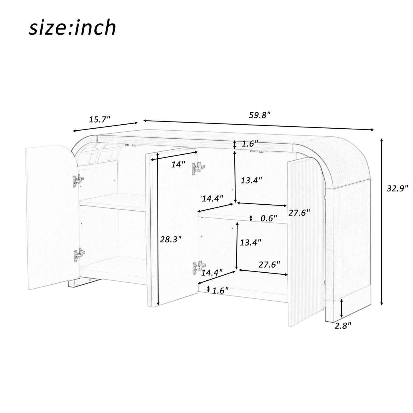 U_STYLE 4-door Curved Corner Design Wavy Door Panel  Cabinet with Adjustable Shelves, Suitable for Study, Living Room and Entrance