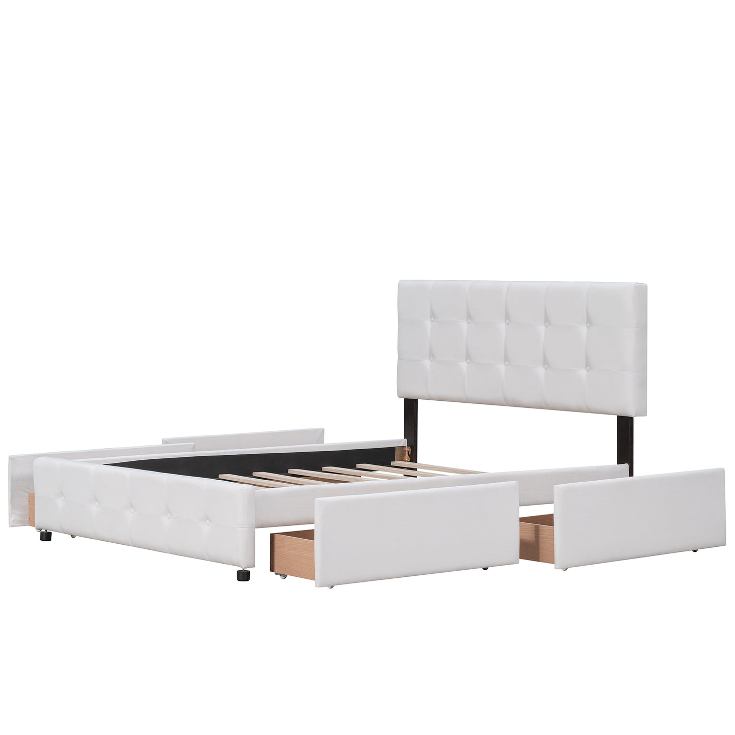 Lit plateforme rembourré avec tête de lit classique et 4 tiroirs, aucun sommier tapissier nécessaire, tissu en lin, Queen Size blanc