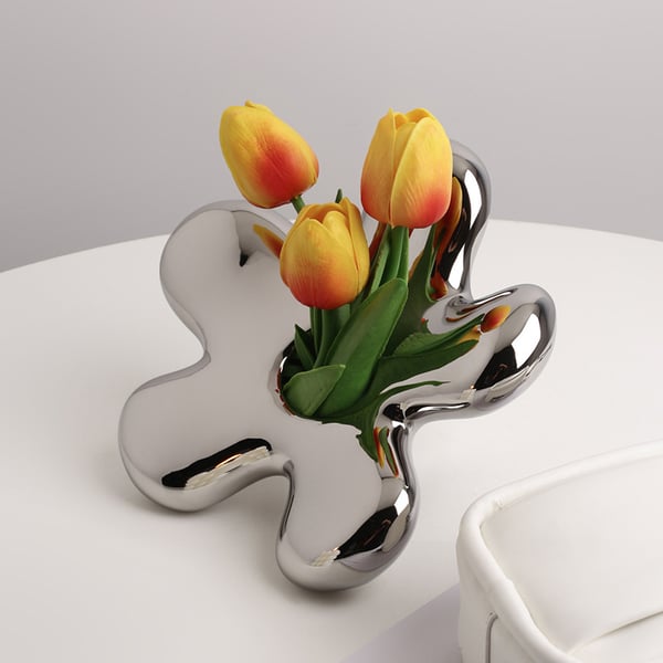 Modern Silver Ceramic Flower Shape Table Vase Home Decorative Object Art for Living Room