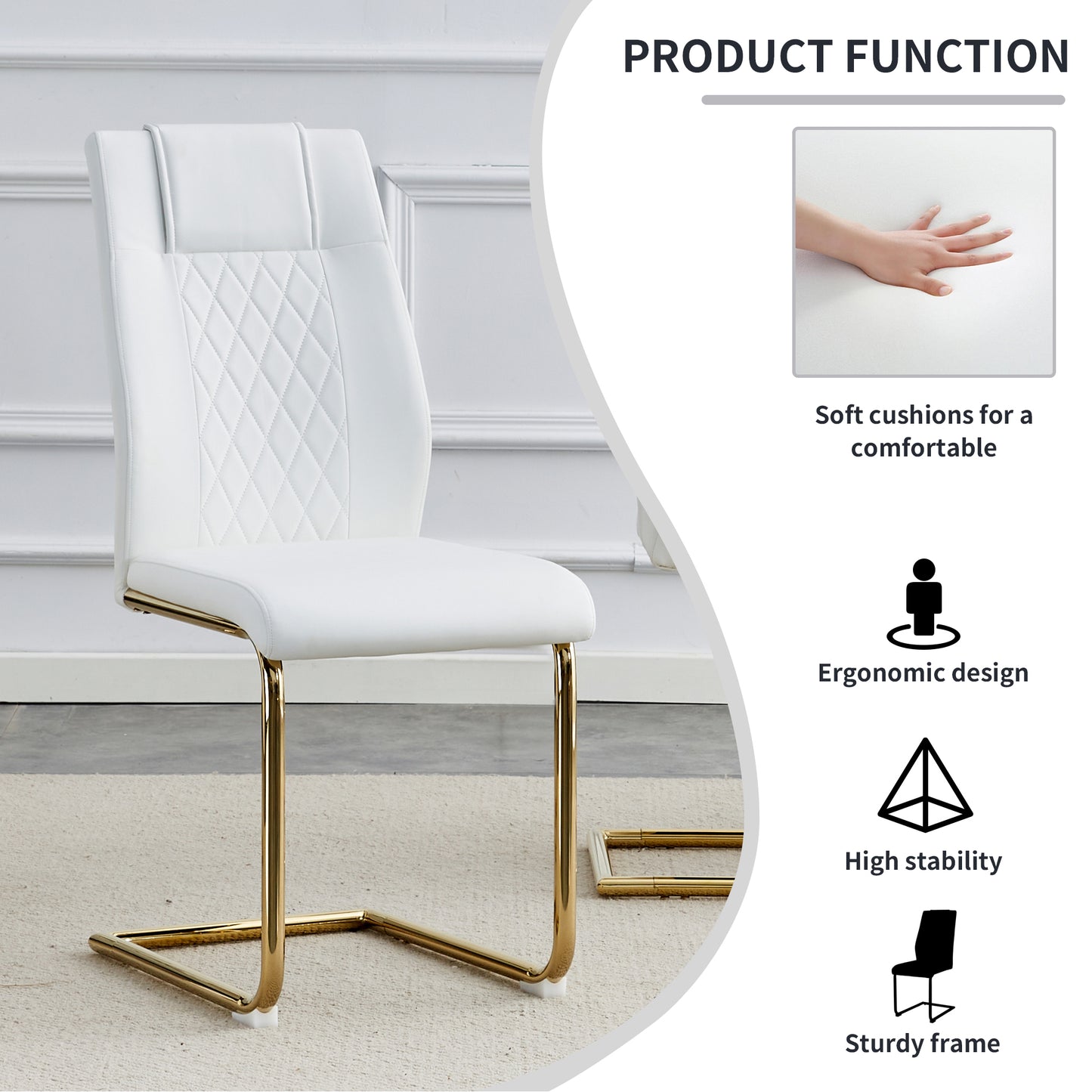 Elegant Golden Leg Cushioned Artificial Leather Dining Chairs Set of 4 (White + PU)