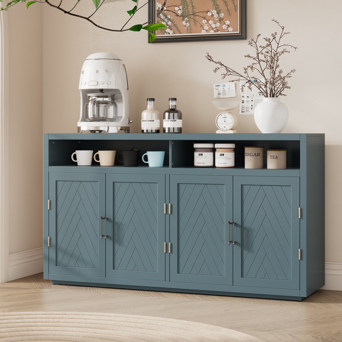 TREXM 4-door Classic Sideboard with Open Storage and Adjustable Shelves Perfect for kitchens,  living rooms (Smoke Blue)