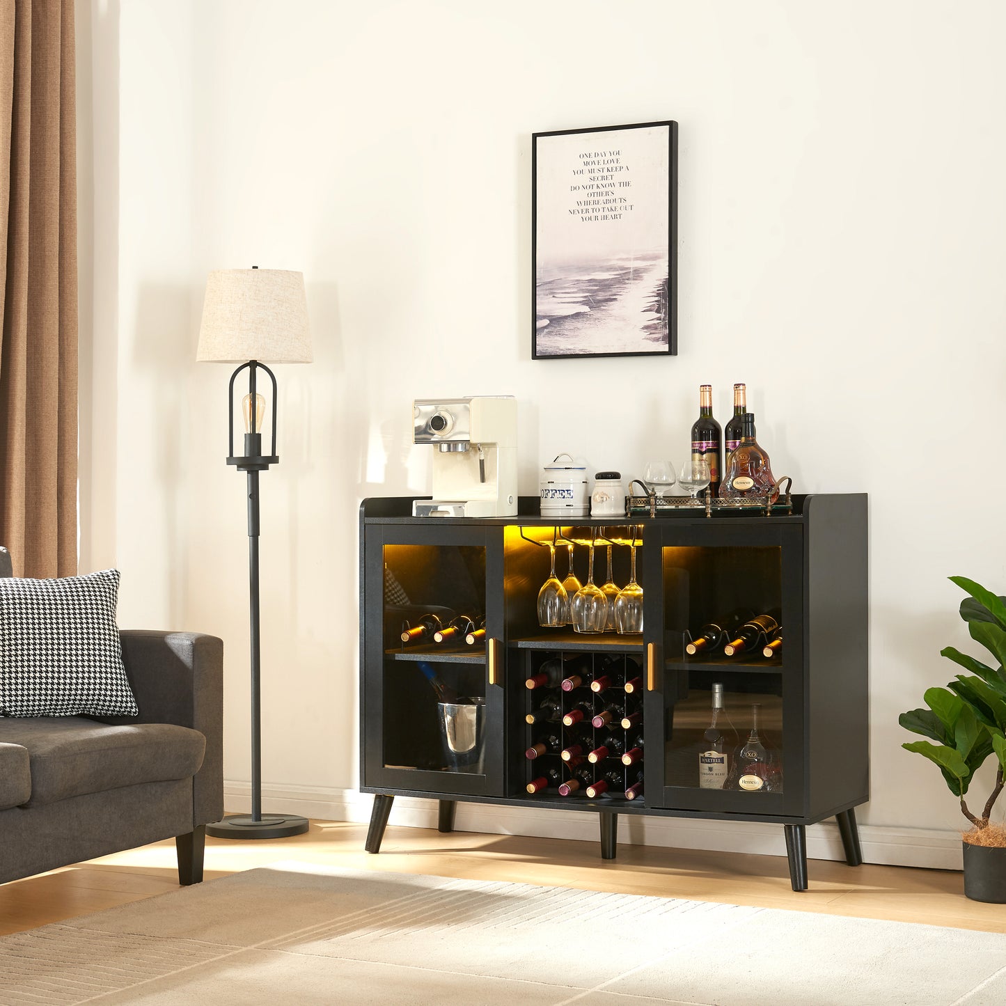 Armoire de bar à vin LED, armoire à café avec support à vin et verres, buffet de cuisine avec étagères de rangement, armoire à alcool autoportante pour salon, salle à manger (noir)