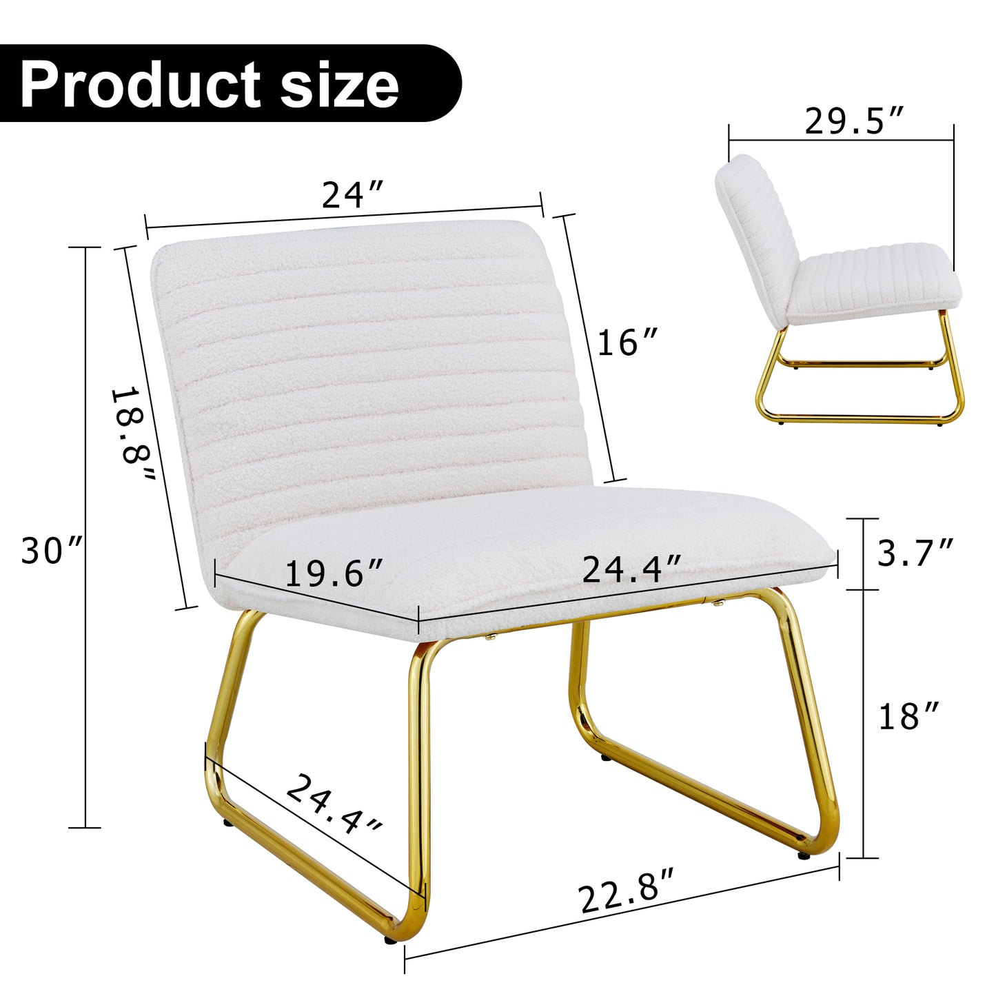 White Minimalist Armless Sofa Chair with Plush Cushion and Backrest - Elegant Design with Golden Metal Legs, Ideal for Offices, Restaurants, Kitchens, and Bedrooms