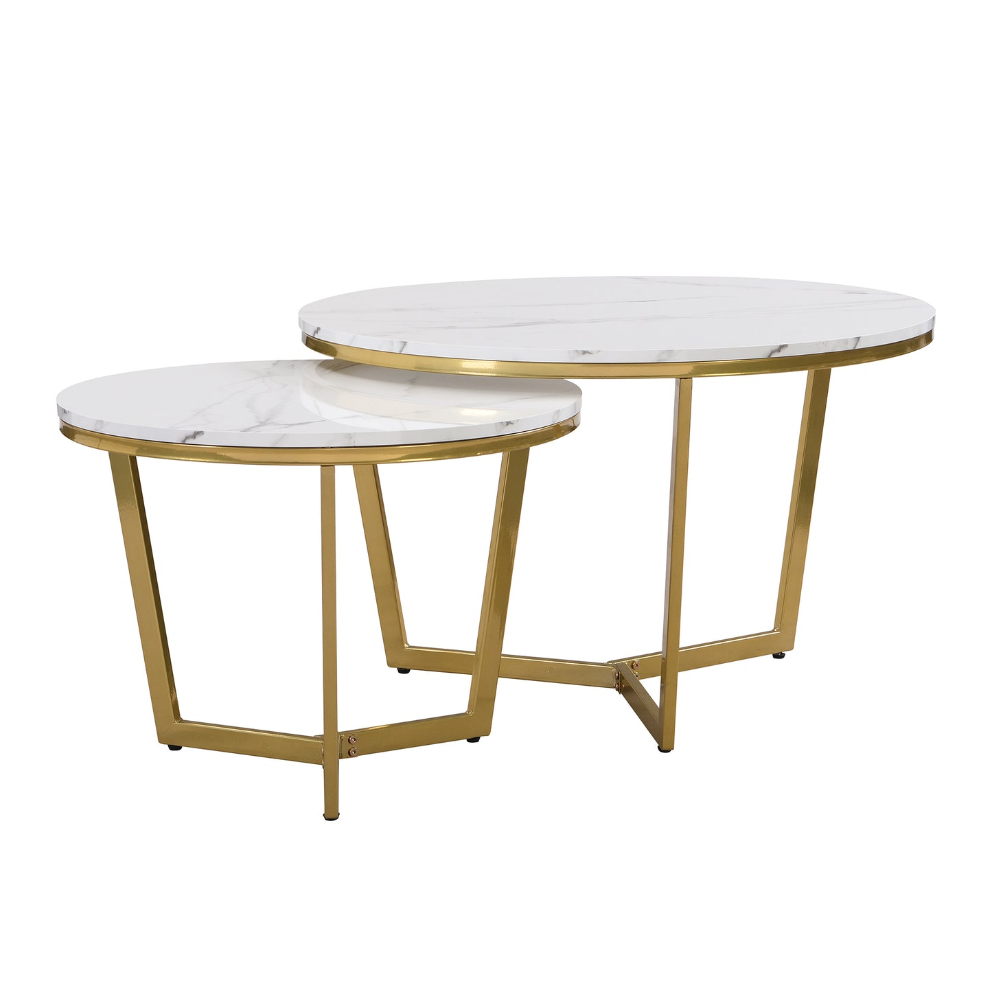 Modern Round Nesting Coffee Table Set 2-Piece White & Marbling Top Gold Base