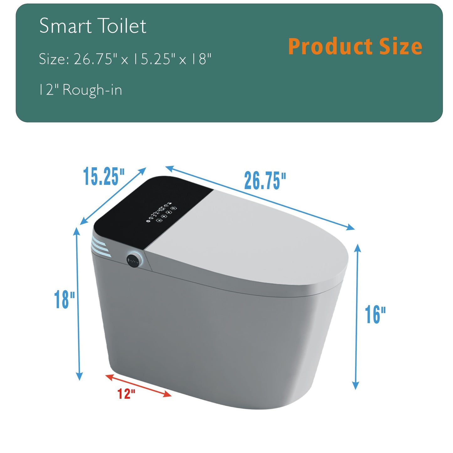 Tankless Smart Toilet With Bidet Built In, One-piece Bidet Toilet Seat, Auto Flush, Auto Open/Close,Heated Seat, Warm Water and Dry, Adjustable Temp,Remote Control Side Know, White with Black Panel