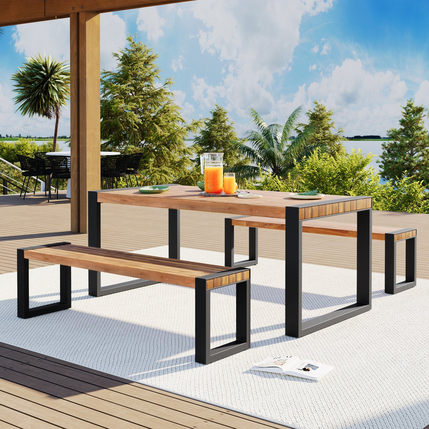 3-Piece Outdoor Dining Set: Acacia Wood Table & 2 Benches with Unique Texture, Durable Steel Frame for All-Weather Use