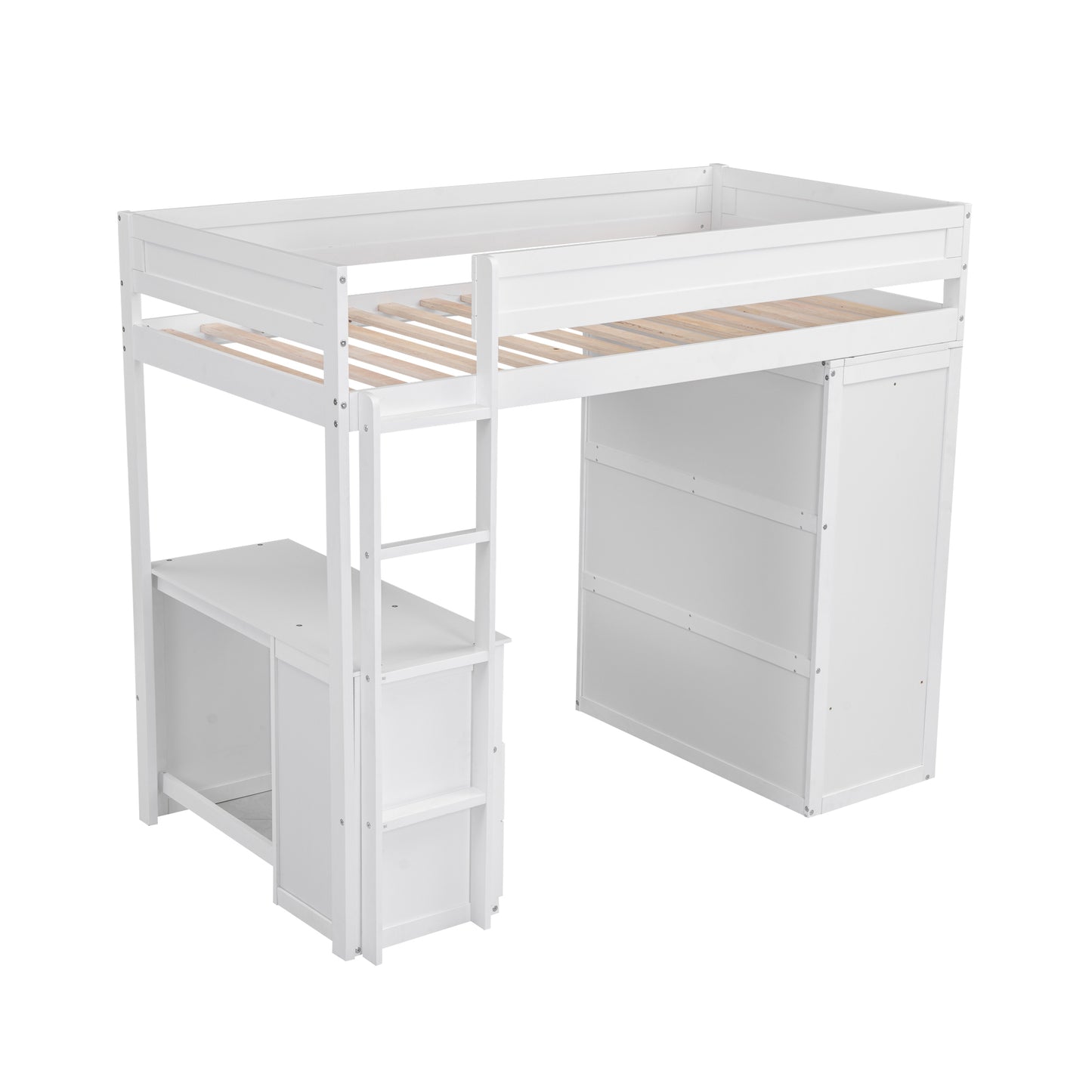 Lit mezzanine double en bois avec armoires et bureau à 2 tiroirs avec armoire, blanc