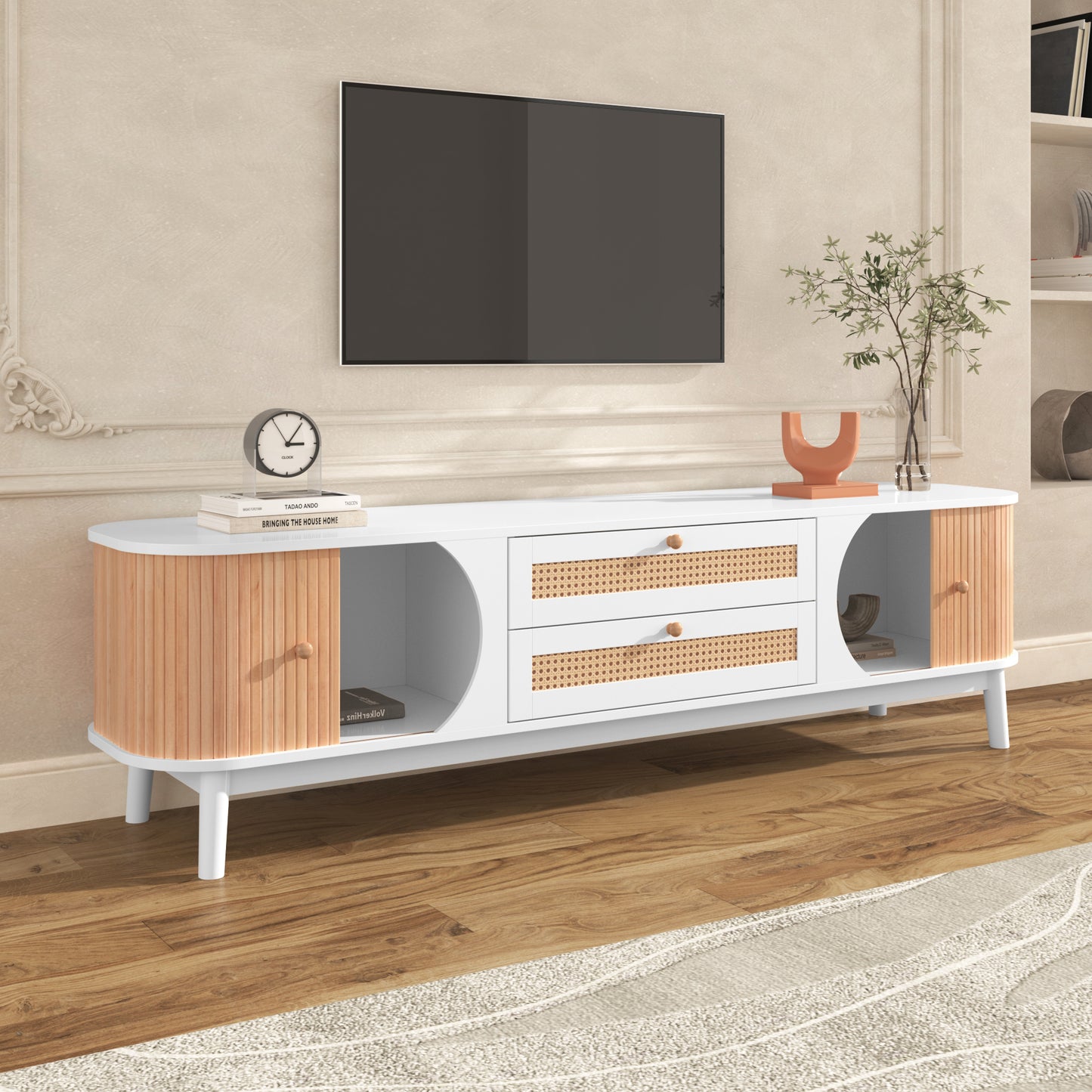 Rattan TV Stand for TVs up to 75'', Modern Farmhouse Media Console, Entertainment Center with Solid Wood Legs, TV Cabinet for Living Room,Home Theatre