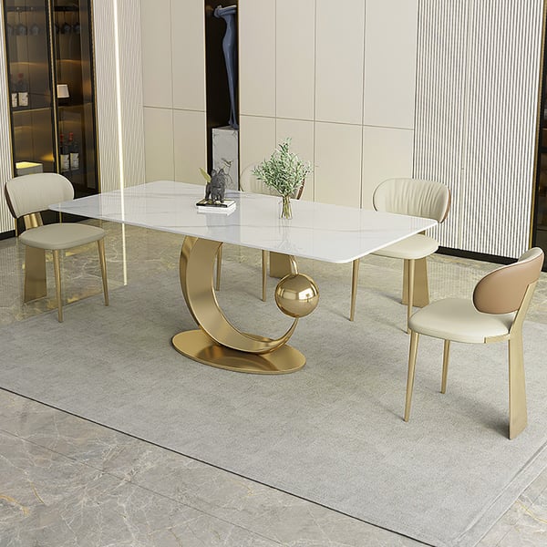 Table de salle à manger rectangulaire blanche de 71 pouces, plateau moderne en faux marbre avec base sur pied