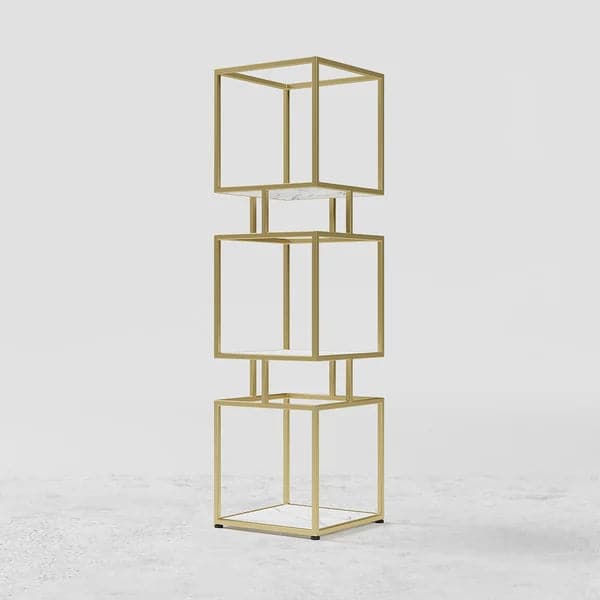 3-Tier Modern Black Cube Bookcase with Metal Tower Display Shelf in Gold Frame