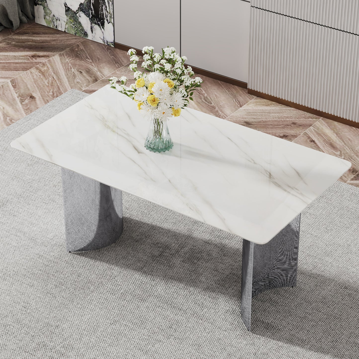 Contemporary White Imitation Marble Glass Dining Table - Stable Stainless Steel Legs for Stylish Dining Rooms