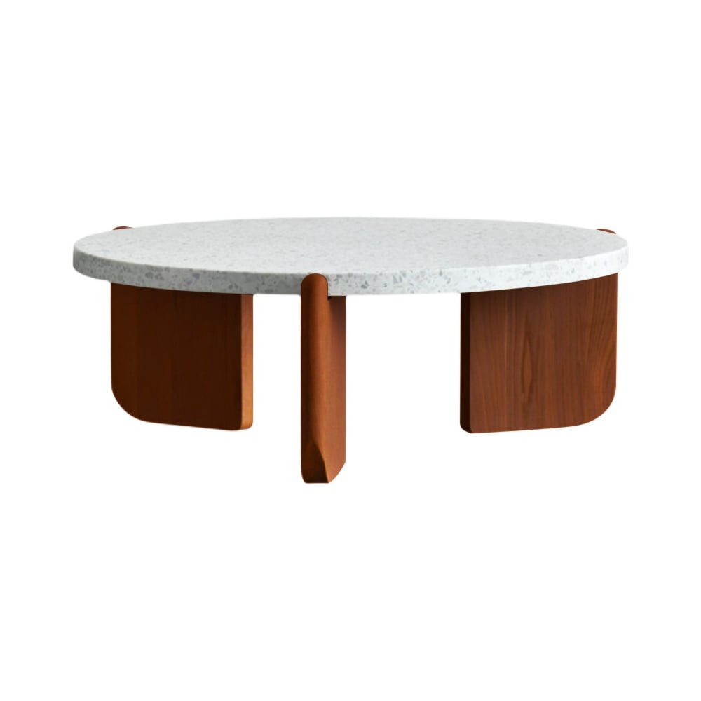 34" White Round Terrazzo Coffee Table with Pine Wood Legs in Walnut