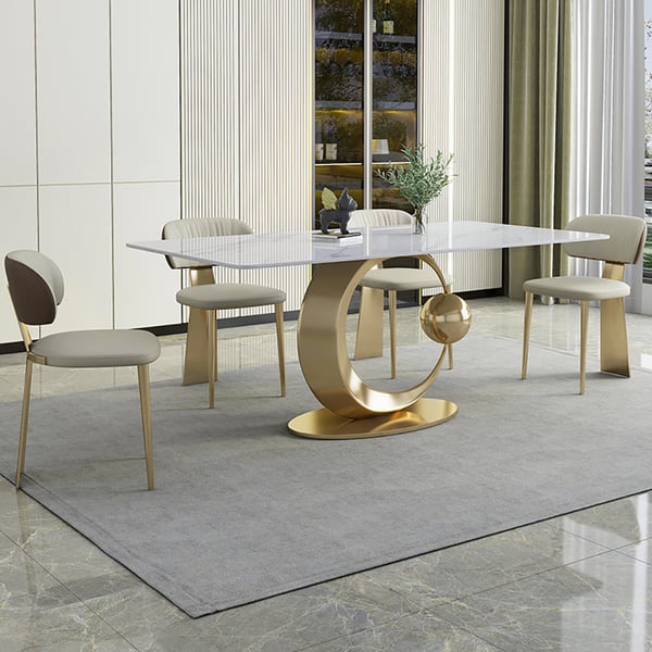 Table de salle à manger rectangulaire blanche de 71 pouces, plateau moderne en faux marbre avec base sur pied