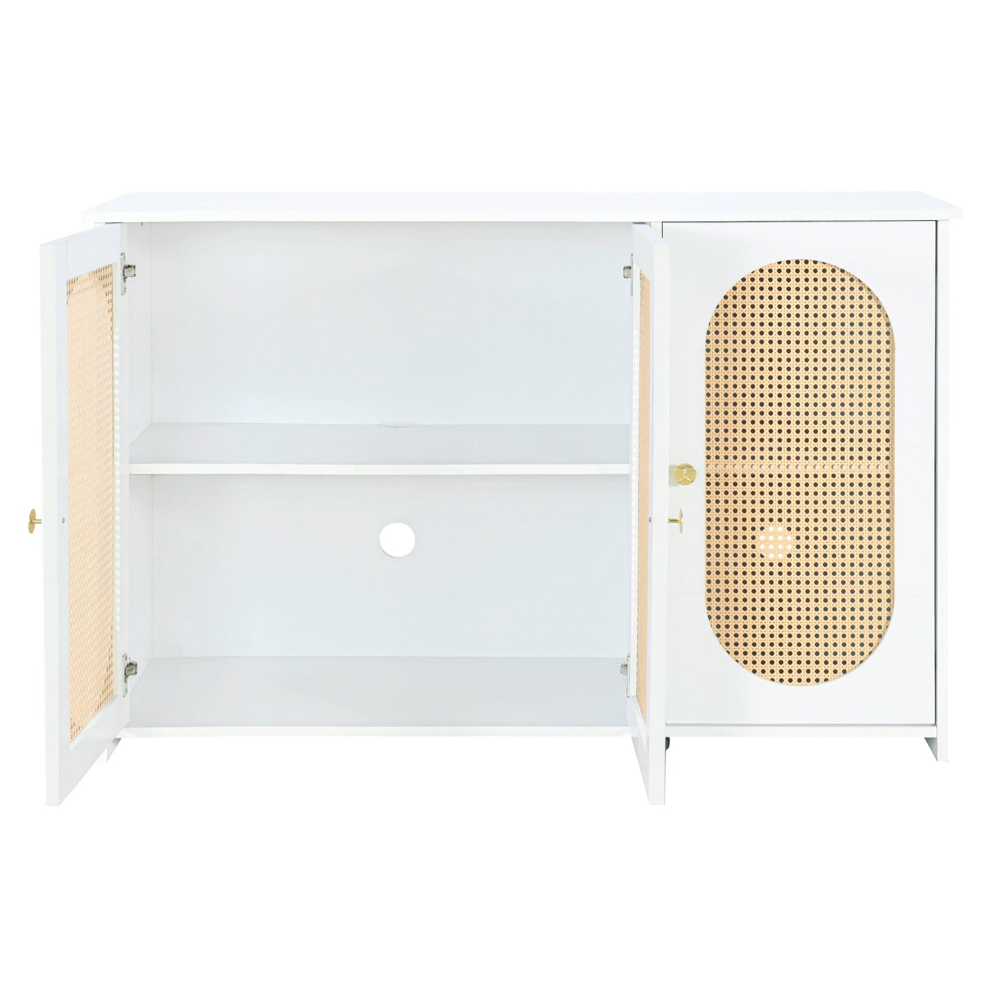 TREXM Retro 3-Door Sideboard with Large Storage Space Artificial Rattan Doors and Metal Handles, Accent Cabinet for Living Room and Hallway (White)