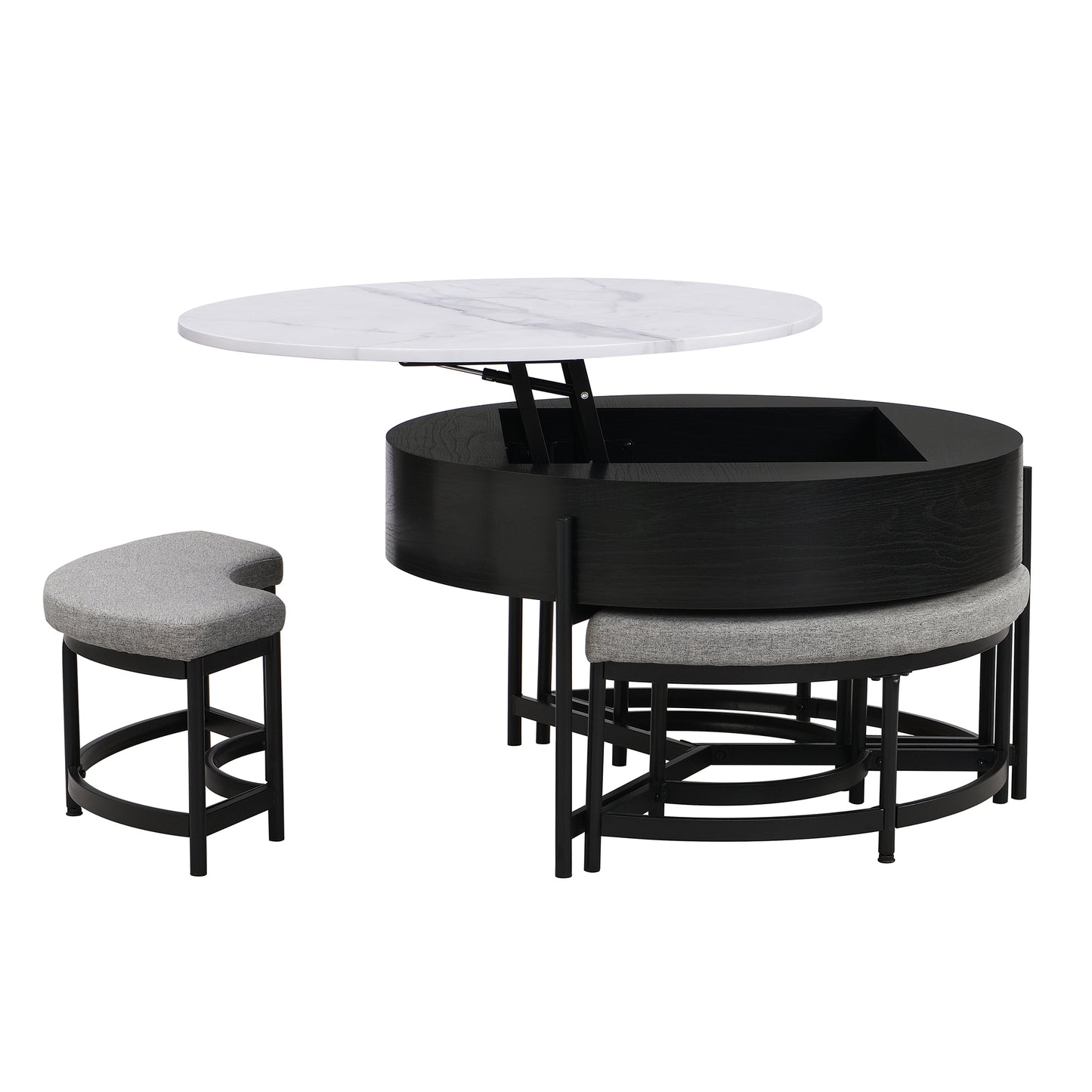 Modern Round Lift-Top Coffee Table with Storage & 3 Ottoman White & Black