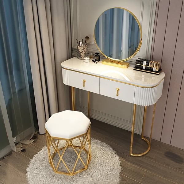 Modern White Oval Glossy Makeup Vanity with 2 Drawers & Rotatable Mirror & Stool