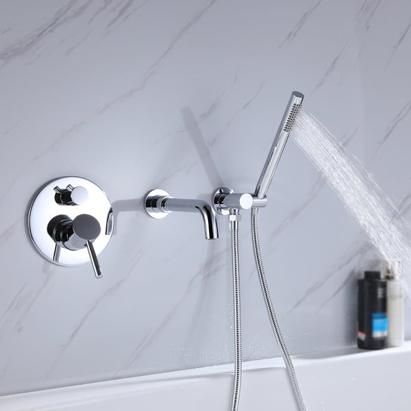 Modern Wall-Mount Swivel Bathtub Filler Faucet with Handshower in Polished Chrome