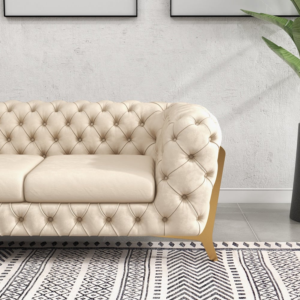 91" Beige Modern Chesterfield Sofa 3-Seater Button Tufted Velvet