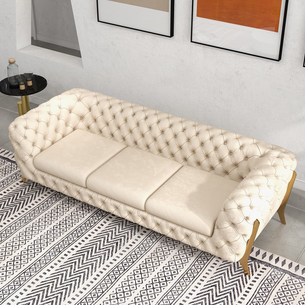 91" Beige Modern Chesterfield Sofa 3-Seater Button Tufted Velvet