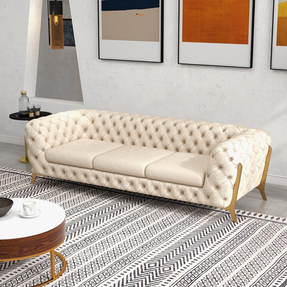 91" Beige Modern Chesterfield Sofa 3-Seater Button Tufted Velvet