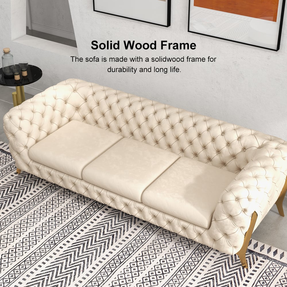 91" Beige Modern Chesterfield Sofa 3-Seater Button Tufted Velvet