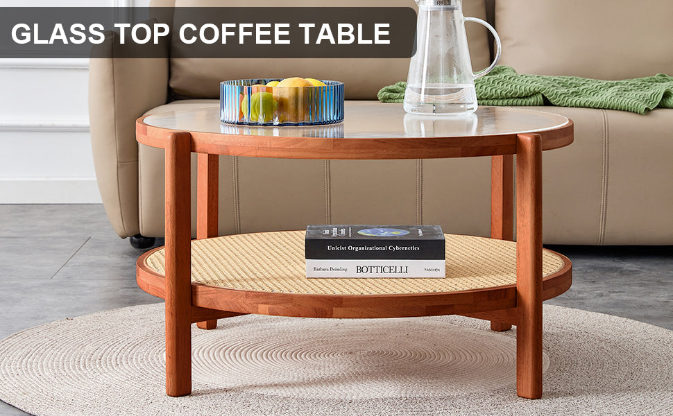 Modern Minimalist Circular Coffee Table - Double-Layer Solid Wood Design with Craft Glass Top and PE Rattan