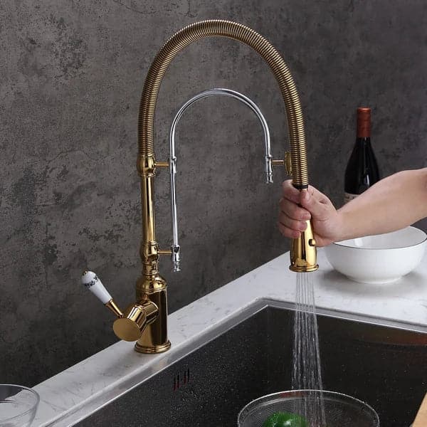 High Arc Dual-Mode Pull-Down Kitchen Faucet Solid Brass with Porcelain Handle