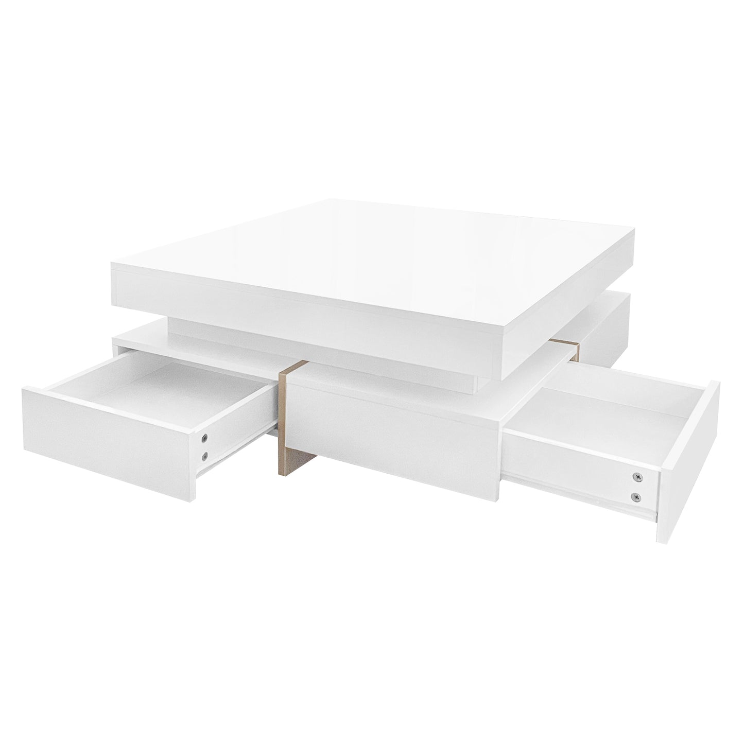 ON-TREND Modern High Gloss Coffee Table with 4 Drawers, Multi-Storage Square Cocktail Tea Table with Wood Grain Legs, Center Table for Living Room, 31.5''x31.5'', White