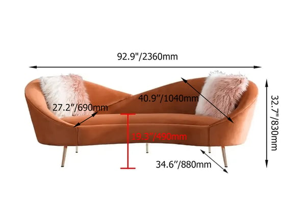 92.9 Inch Modern Orange Velvet Upholstered Large 3-Seater Curved Sofa