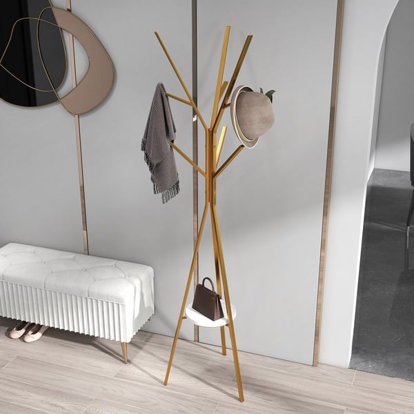 70.9" Gold Modern Freestanding Coat Rack Hanging with Shelf Marble Base