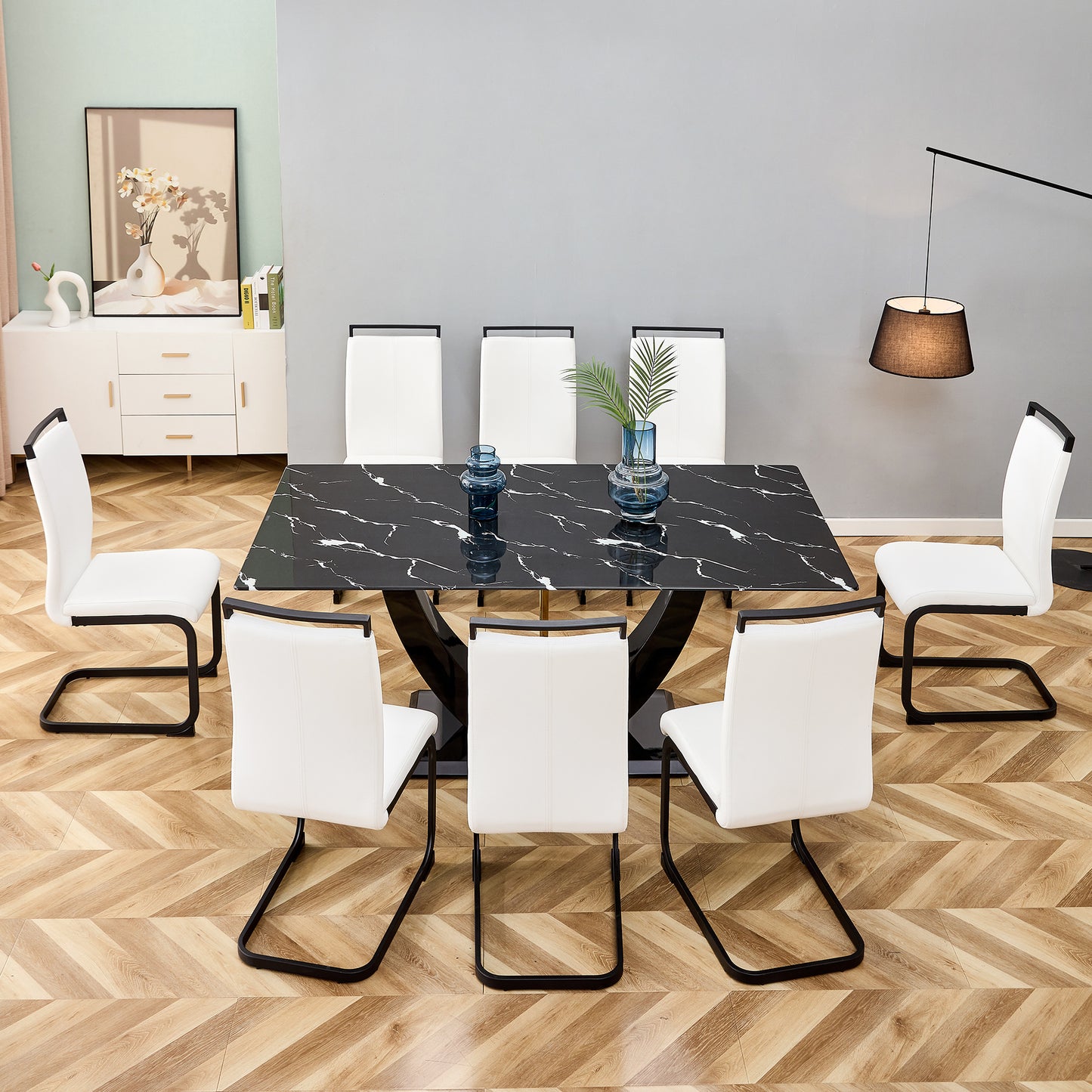 Stylish Rectangular Dining Table with Luxurious Black Imitation Marble Texture - Versatile Desk for Home