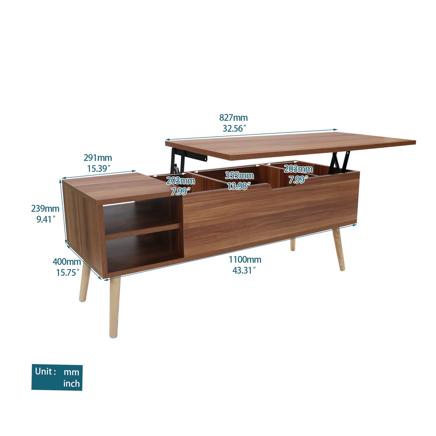 Table d'ordinateur à assemblage rapide avec couleur grain de bois, meubles d'accent, décoration d'intérieur, étagère de rangement ouverte, table basse de rangement avec compartiment caché et étagère de rangement réglable, plateau relevable pour le salon