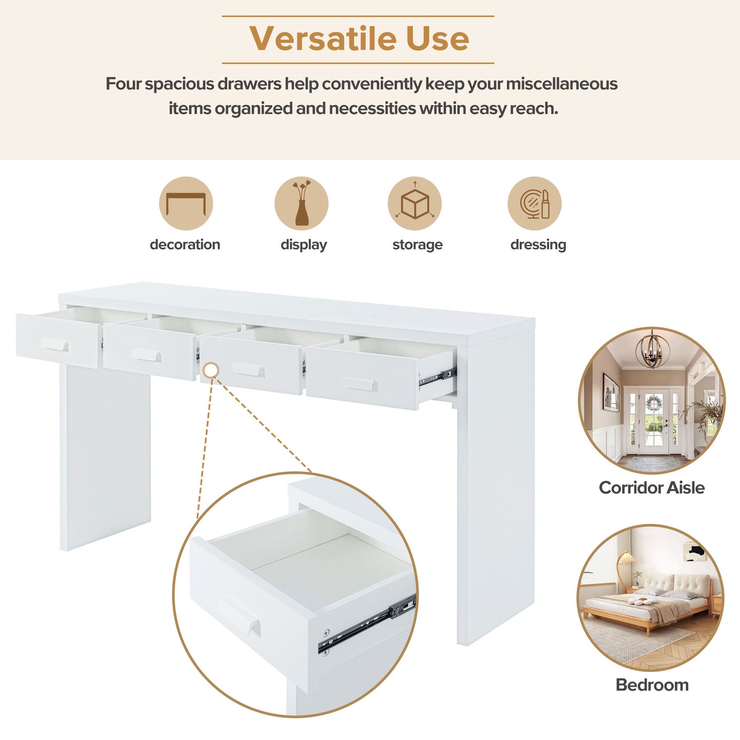 TREXM Table console minimaliste moderne avec plateau ouvert et quatre tiroirs avec poignées en métal pour entrée, salon et salle à manger (blanc)