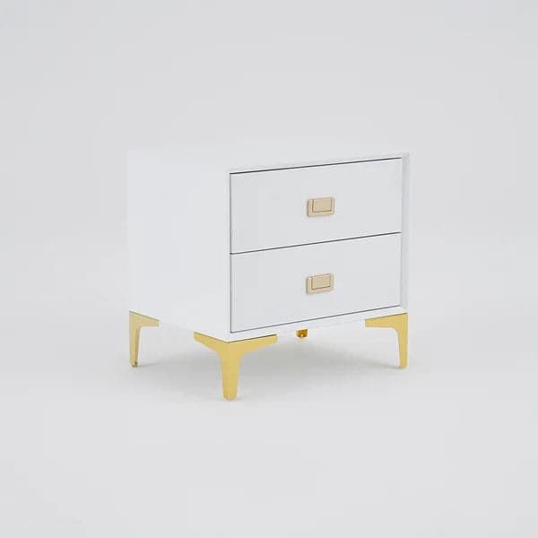 Modern White Nightstand 2 -Drawer Bedside Table in Gold Finish