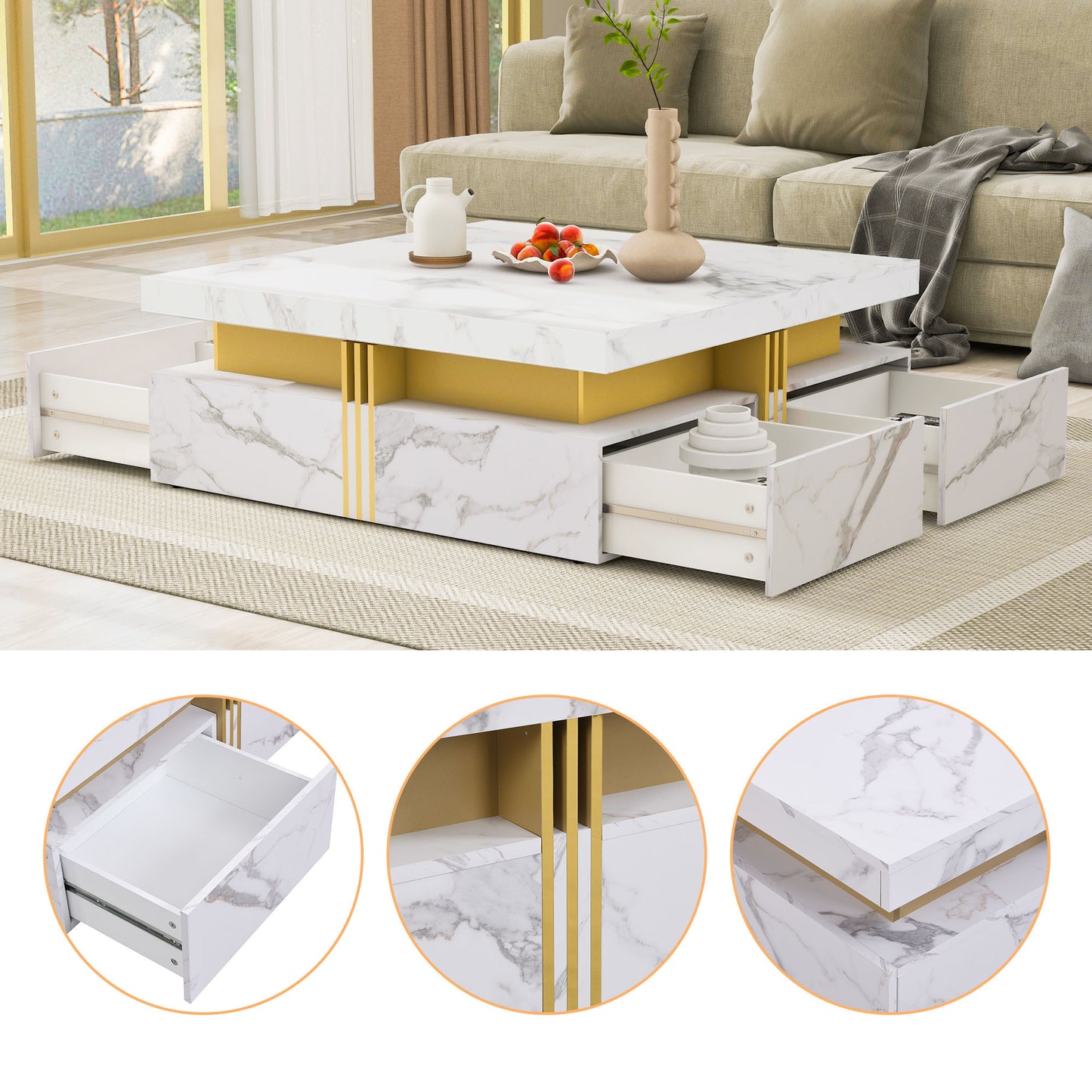 Modern White Square Storage Coffee Table with 4 Drawers