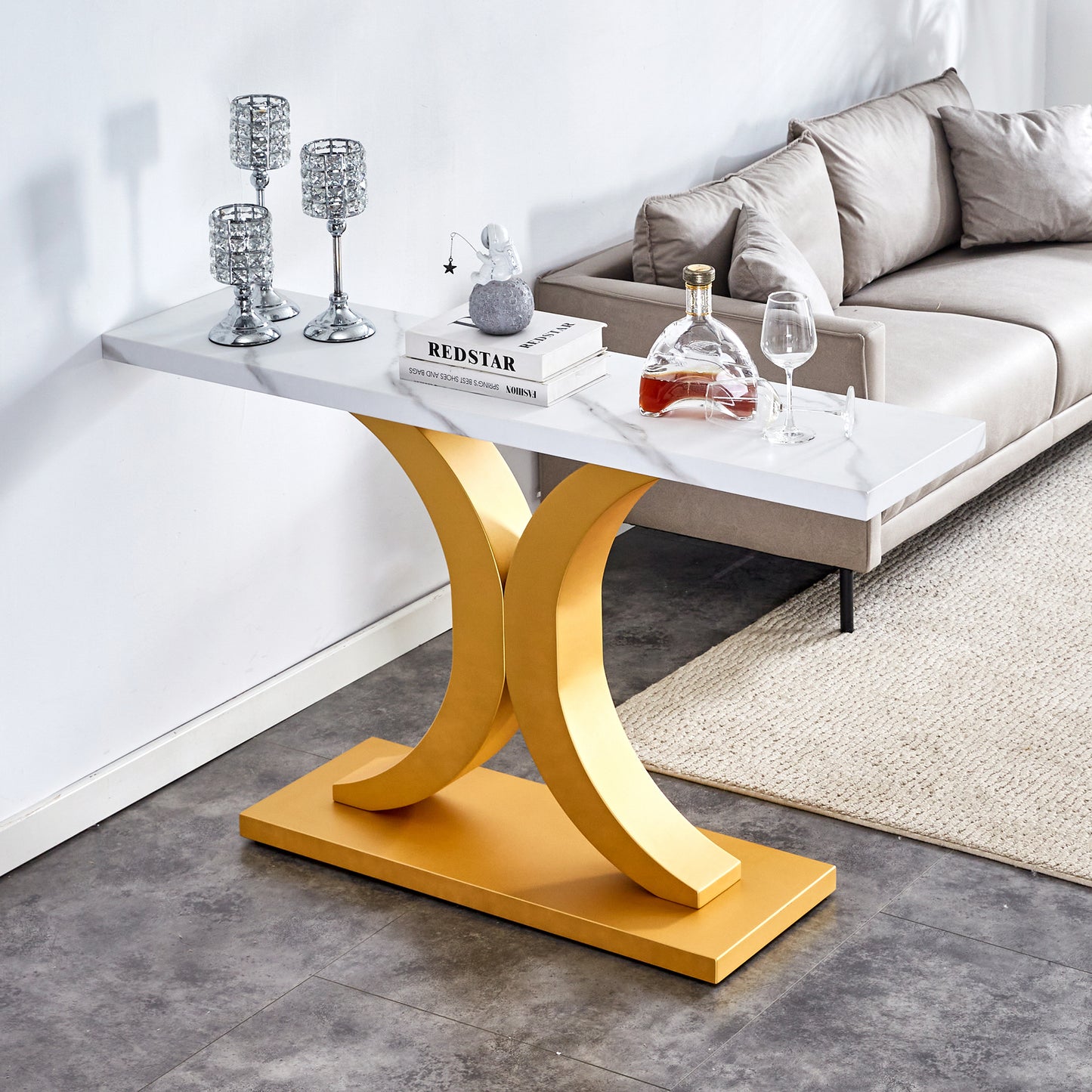 Chic Minimalist Foyer Table with White Surface and Gold Base - Ideal for Entryways