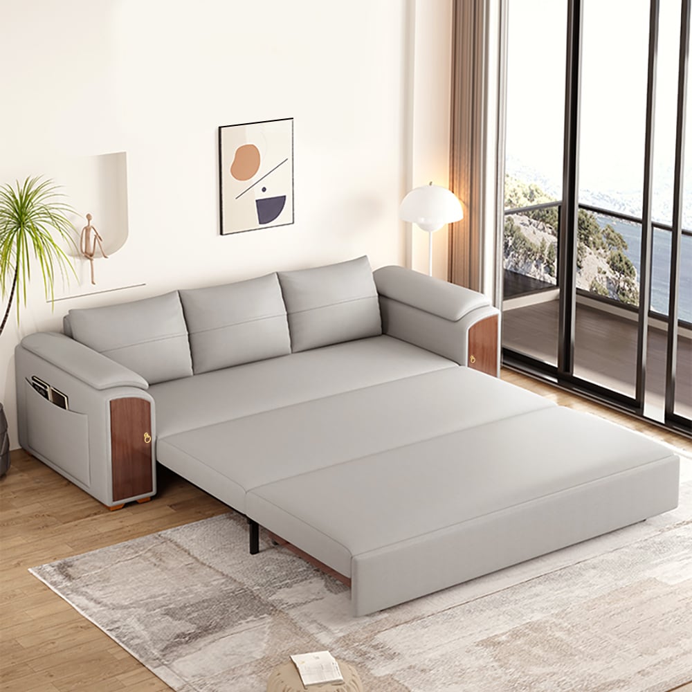 94.5" Gray Pull Out Sofa Bed Convertible Leath-Aire Sleeper with Lift-top Coffee Table